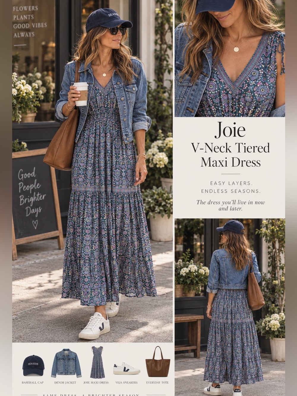 🔹 Joie V-Neck Tiered Maxi Dress in Teal Floral Print Size Small